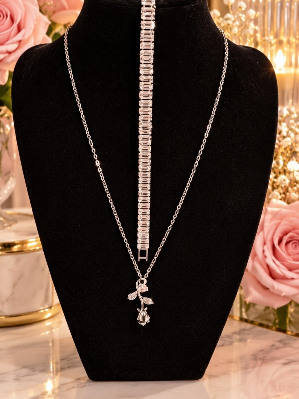 Silver Rose Pendant Necklace for Women And Bracelet Set Stainless Steel